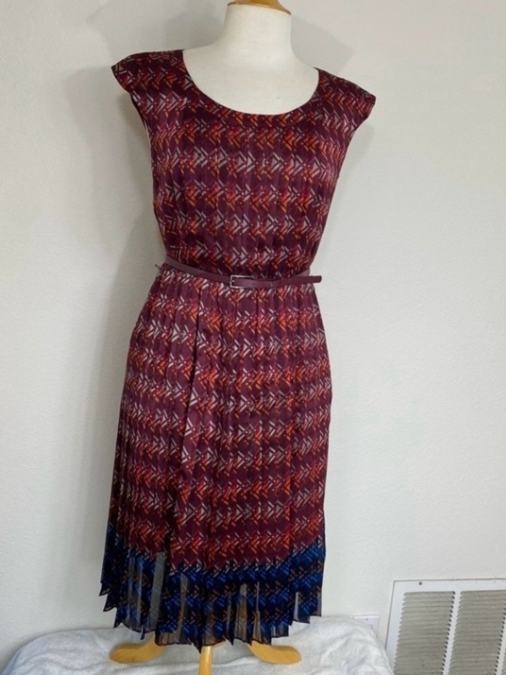 Halogen Women's Wine Blue Pleated Cap Sleeve Belted Midi Dress Size 10 Classic